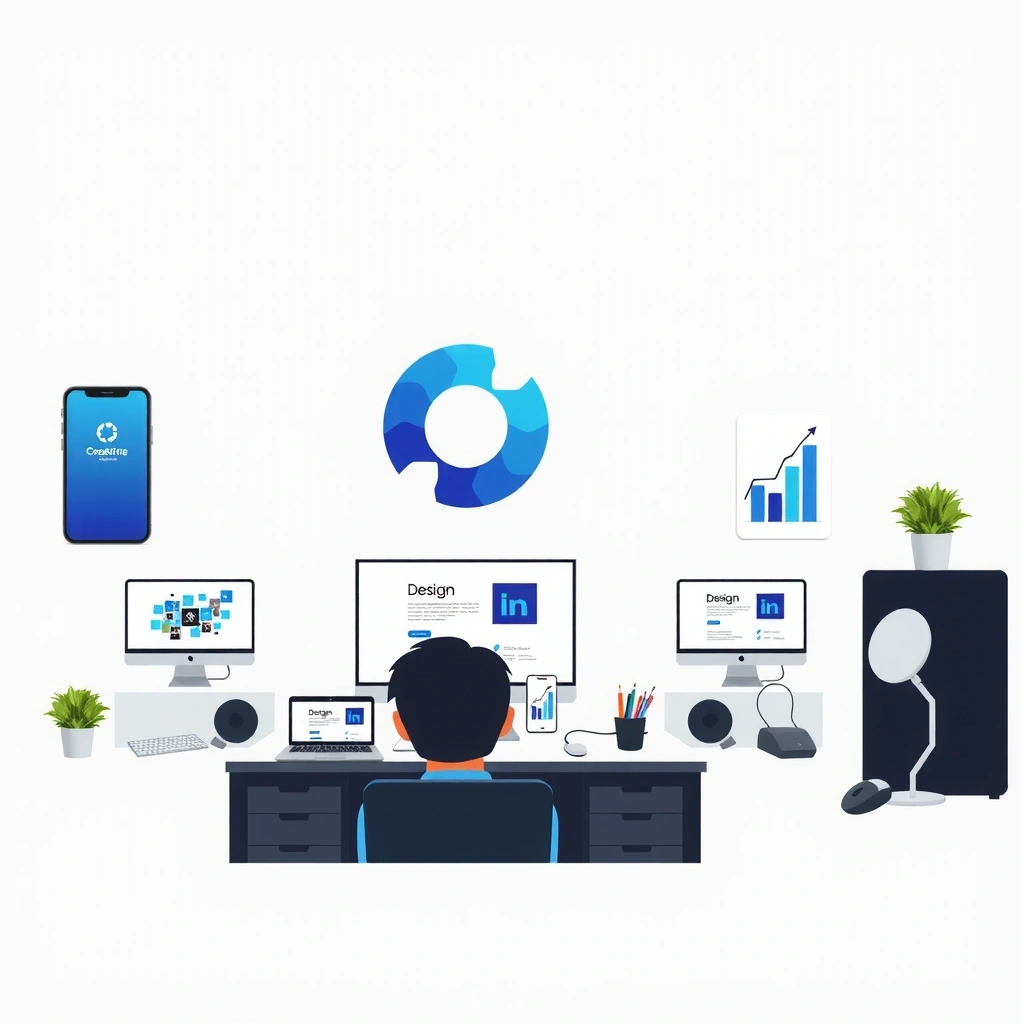 Professional web design studio workspace with modern computers and design elements